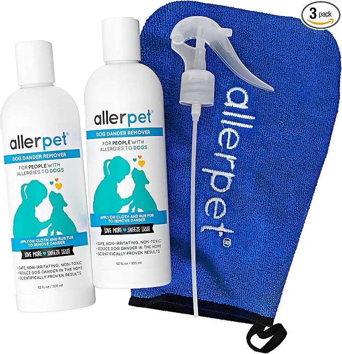 Allerpet Dog Dander Remover w/Free Applicator Mitt & Sprayer - Best Pet Dander Remover for Allergens - for Canine Dry Skin Treatment - Good for Fur & Skin - 2 Pack (12oz)