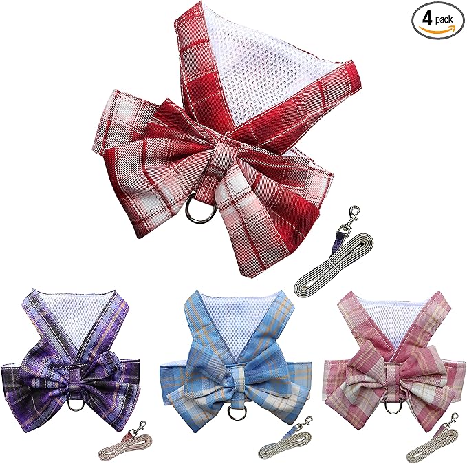 Plaid Dog Dress Bow Tie Harness Leash Set,Dog Clothes Harness Dress with Leash Ring for Small Dogs Girl, Puppy Princess Rabbit Clothes Chihuahua Yorkies Pet Outfits (Red, X-Small)