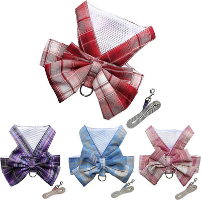 Plaid Dog Dress Bow Tie Harness Leash Set,Dog Clothes Harness Dress with Leash Ring for Small Dogs Girl, Puppy Princess Rabbit Clothes Chihuahua Yorkies Pet Outfits (Red, XX-Large)