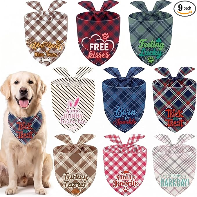 Weewooday 9 Pcs Holiday Dog Bandanas Halloween Seasonal Plaid Birthday Scarf Adjustable Large Fall Pet Puppy Washable Triangle Scarves Bibs for Thanksgiving Christmas Girl Boy