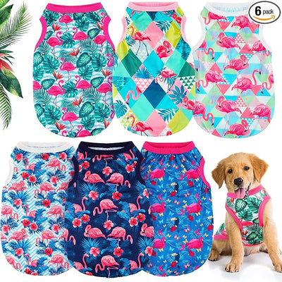 Kajaia 6 Pack Summer Flamingo Dog Shirts, Hawaiian Tropical Tank Tops Clothes Outfit for Dogs Luau Pool Summer Party Costume Cute Sleeveless Pet Apparel for Chihuahua Puppy Toy Breeds Cats(Medium)