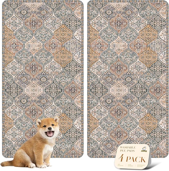 nunubaby 4PACK Washable Pee Pads for Dogs, Stylish, Non-Slip and Leak-Proof Pee Pads. Reusable Potty Pads for Dogs for Crates and Floors.(Brown/Multi,24" x48" )
