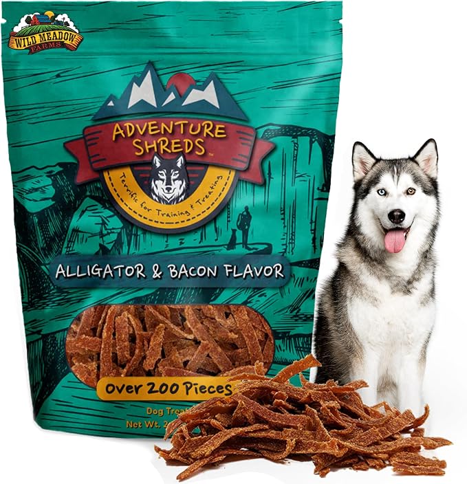 Adventure Shreds Alligator & Bacon Dog Treats, Soft & Thin Dog Treats for Training & Rewards, Grain-Free Snacks for Pets of All Breeds and Ages - 2.5 Ounce Pouch