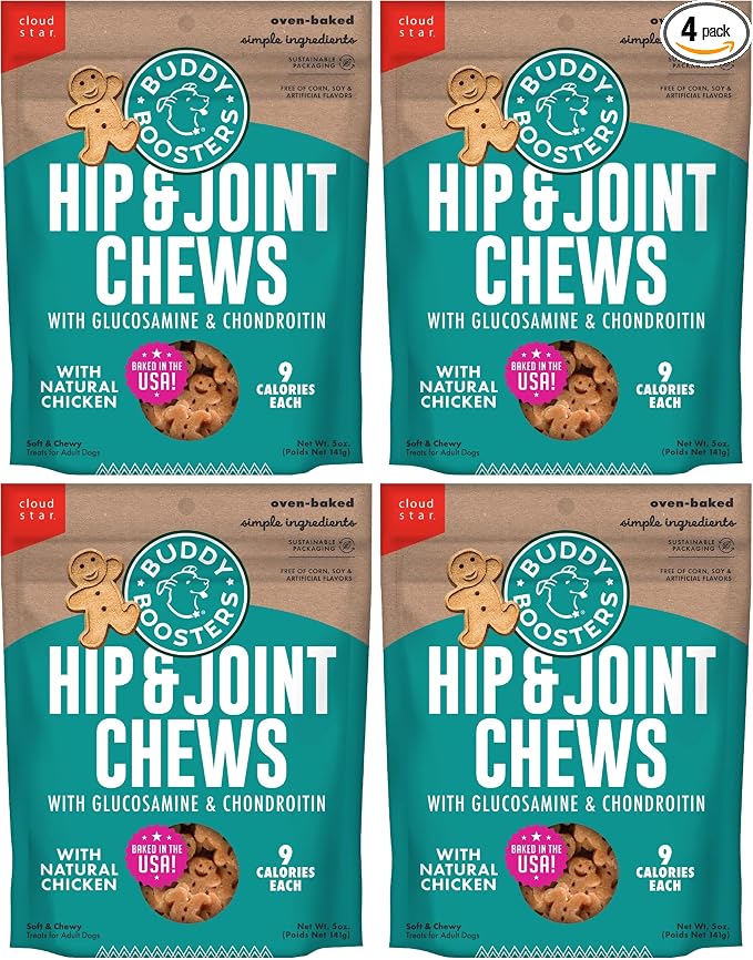 Buddy Biscuits Boosters 5 oz. Pouch of Hip and Joint Soft Chews Dog Treats Made with Natural Chicken (Pack of 4)