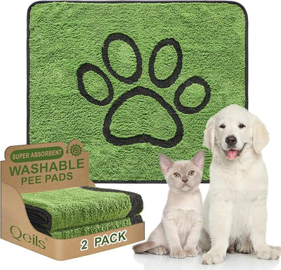 Qeils Reusable Dog Pee Pads, 2 Pack Super Absorbent & Leakproof Washable Puppy Pads with Soft Green Top Layer, for Potty Training, Crates, Couch, Car Seats & Pet Beds, 30"x 34"