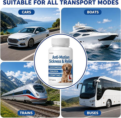 Lunza Motion Sickness for Dogs (26-75 lbs), Dog Car Sickness Medicine for Nausea, Vomiting, Drooling, Whining and More, Non-Drowsy, 20 Tablets