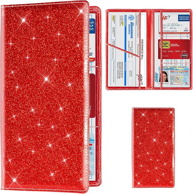 TOURSUIT Car Registration and Insurance Card Holder, Vehicle License Document Glove Box Compartment Organizer, Interior Car Accessories for Women Men (Glitter Red)