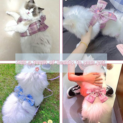 Plaid Dog Dress Bow Tie Harness Leash Set,Dog Clothes Harness Dress with Leash Ring for Small Dogs Girl, Puppy Princess Rabbit Clothes Chihuahua Yorkies Pet Outfits (Pink, Small)
