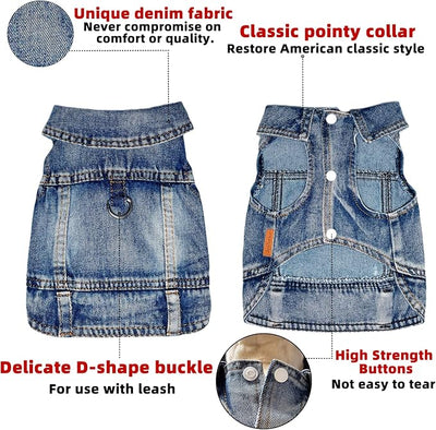 Dog Jean Jacket Pet Blue Denim Coat for Puppy Small Dogs Fashion Classic Overalls Girl Male Boy Cat Costumes Vintage Washed Vest Clothes Outfit Shirts (Blue, Large)