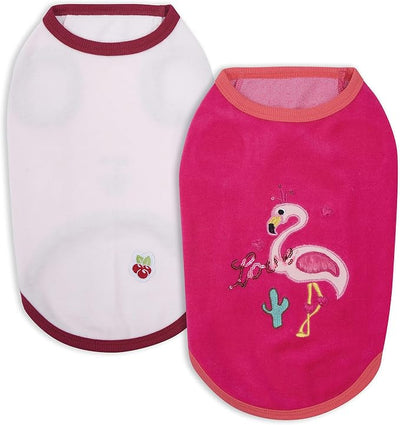 Blueberry Pet Pack of 2 Soft & Comfy Vacation Scene Flamingo Cotton Blend Dog Pajamas & Tank Top T Shirts, Back Length 10", Clothes for Dogs