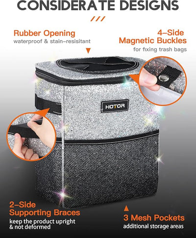 HOTOR Car Trash Can with Lid and Storage Pockets - 100% Leak-Proof Organizer, Waterproof Garbage Can, Multipurpose Trash Bin for Car, 2 Gallons, Sparkle White