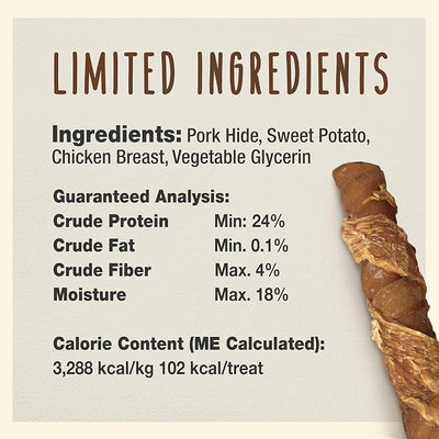Cadet Gourmet Triple Chews Long-Lasting Pork Hide Sticks with Sweet Potato and Chicken, Healthy Dog Treats for Small & Large Dogs, 6 Count
