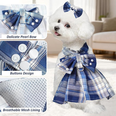 Dog Dress Bowknot Harness Leash Set for Small Dogs Girl Cute Plaid Dog Dress Pearls Bow Tie Spring Summer Princess Clothes Birthday Holiday Doggie Outfits for Puppy Cats Girl (Lake Blue, X-Large)