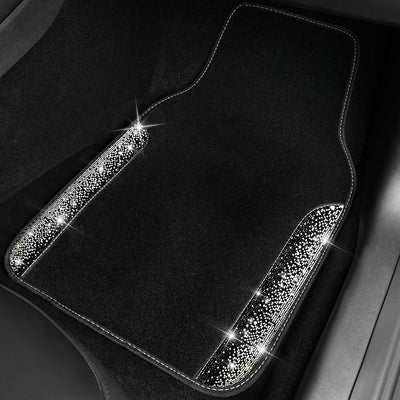 CAR PASS Bling Car Mats Shining Diamond Carpet Crystal Rhinestone Sparkly Glitter Floor Mats with Anti-Slip PVC Pad Universal Fit Automotive SUV,Sedan,Van,4pcs for Girl Women, Black Sliver Diamond