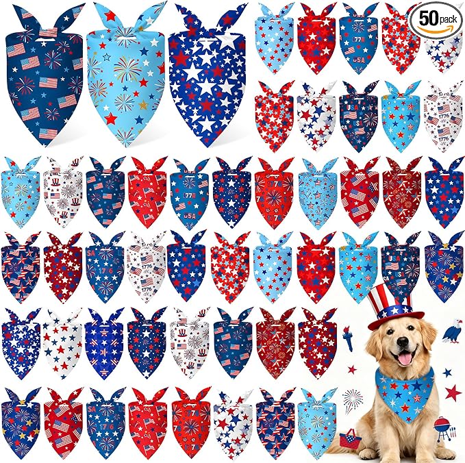 Abbylike 50 Pcs Patriotic Dog Bandanas Bulk 4th of July Bandanas for Dogs Star Triangle Kerchief Bib Scarf Set for Pet Independence Day 250th Anniversary Party Costume, 25 Styles(31.5 x 21.7 x 21.7)