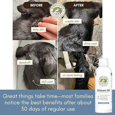 Wholistic Pet Organics Wild Alaskan Salmon Oil for Dogs and Cats - Omega 3 Fish Oil for Dogs & Cats - Cat & Dog Skin and Coat Supplement for Heart, Joints - DHA, EPA Omega 3 Liquid Food Topper - 4 oz