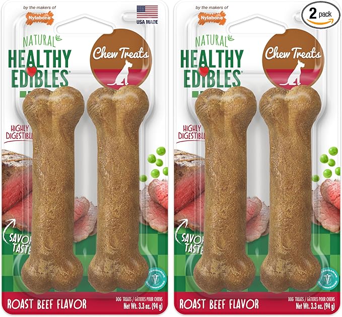 Nylabone Healthy Edibles Natural Dog Chews Long Lasting Roast Beef Flavor Treats for Dogs, Small/Regular (2 Count) (Pack of 2)