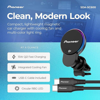 Pioneer Qi2 Wireless Car Charger and Magnetic Phone Holder Mount for Air Vent - MagSafe Compatible Car Phone Charger for iPhone and Android with Cooling Fan, RBG Illumination, Includes Metal Ring