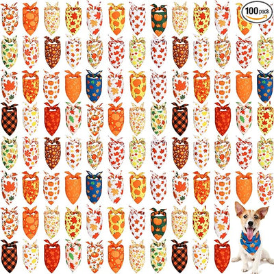Sweetude 100 Pieces Fall Dog Bandanas Bulk,Thanksgiving Bandanas for Dogs Pumpkin Maple Leaves Pattern Puppy Triangle Scarf Bibs for Medium Small Pet Autumn Costume Accessories(25.6 x 17.7 x 17.7)