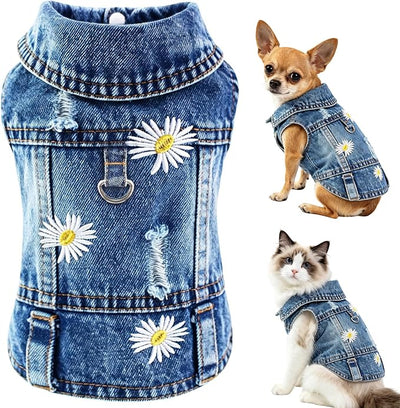 Denim Vest Jacket for Small Medium Dog Clothes Jean Apparel Cute Outfit for Dog Cat Girls Boys Puppy Costume Dog Harness Dress Shirt Chihuahua Yorkie (Many Daisy with D Ring, Medium)