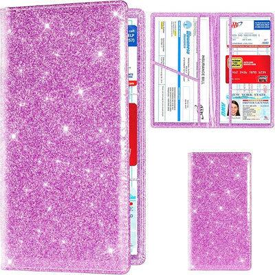 TOURSUIT Car Registration and Insurance Card Holder, Vehicle License Document Glove Box Compartment Organizer, Interior Car Accessories for Women Men (Glitter Purple)