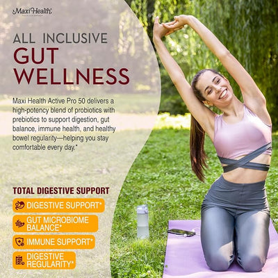 Maxi Health Probiotics for Women & Men Plus Prebiotics – 15 Strains for Digestive Support – Probiotics for Digestive Health with 50 Billion CFU – Kosher, Vegan, Delayed Release, 30 Count, Pack of 1
