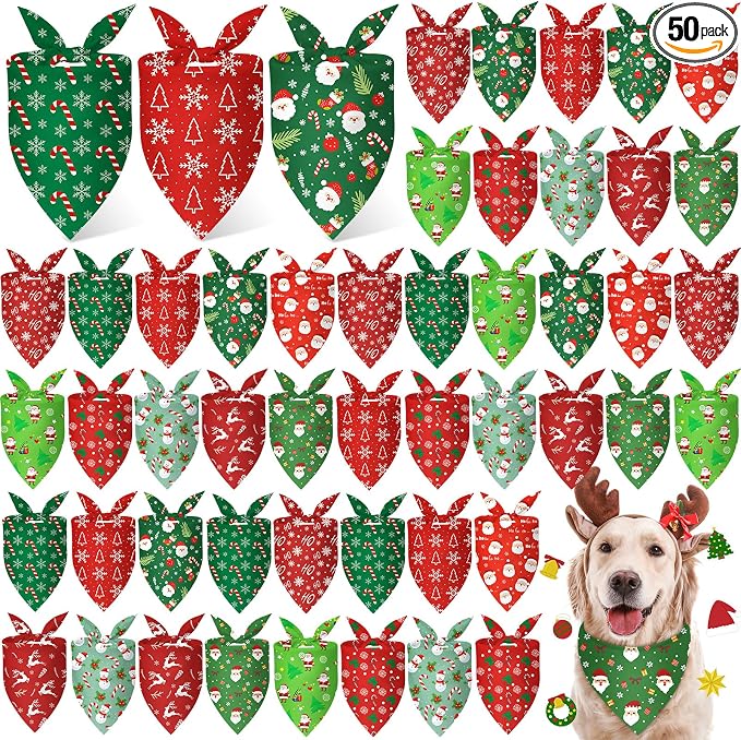 Weewooday 50 Pcs Christmas Bandanas for Dogs Xmas Bandanas Bulk with Santa Snowflake Candy Cane Soft Bibs Adjustable Triangle Doggie Scarf for Small Medium Large Pet (31.5 x 21.7 x 21.7 Inch)