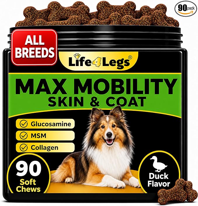 Hip and Joint Chews for Dogs + Skin and Coat Supplement - Dog Joint Pain Relief Treats - Glucosamine, Chondroitin, MSM, Hemp Oil, Turmeric, Omega 3 for Dogs, Mobility Dog Health Supplies