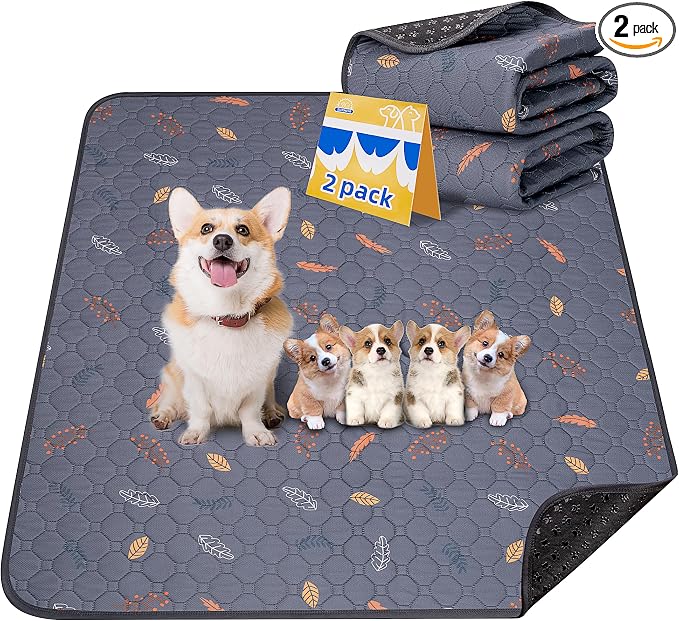 Sunheir Washable Pee Pads for Dogs 2-Pack Reusable Puppy Pads Pet Training Pads, Waterproof Dog Pee Pads for Crate, Whelping Pad, Non-Slip Protects Against Urine Leakage (Leaves - Deep Grey, 31x36)