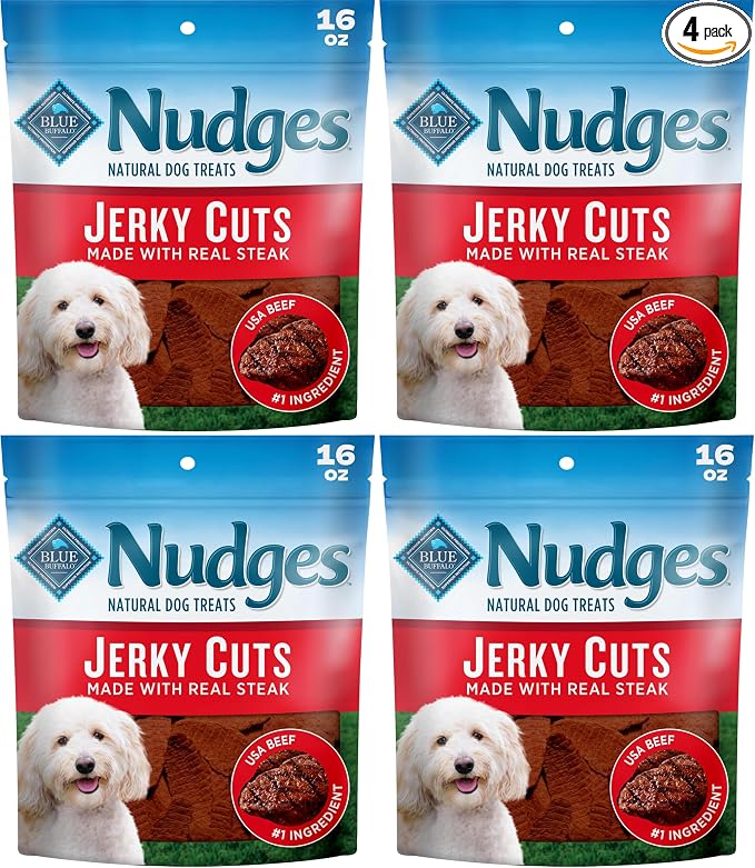 Blue Buffalo Nudges Jerky Cuts Dog Treats, Made in the USA with Natural Ingredients, Steak, 16-oz Bag (Pack of 4)