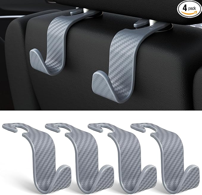 Amooca Car Seat Headrest Hook 4 Pack Hanger Universal Vehicle Car Storage Organizer for Handbag Purse Coat S Type Checkered Grey