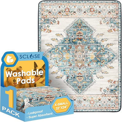 SCLOSE Washable Pee Pad for Dogs, 32" x 24" Reusable Puppy Pads Waterproof Dog Rugs, Super Absorbent, Leakproof, Dog Crate Pad, Playpen Mat, Whelping Pads, Blue Medallion