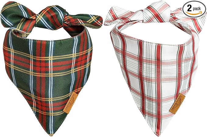 Remy+Roo Dog Bandanas - 2 Pack | Holiday Plaids Christmas Dog Bandanas Set | Premium Durable Fabric | Patented Shape Bandanas for Dogs (Holiday Plaids, Small)