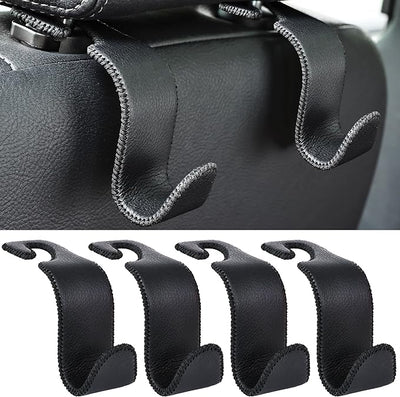 Amooca Car Seat Headrest Hook 4 Pack Metal Core Hanger Universal Car Storage Organizer for Handbag Purse Coat S Type Leather Black