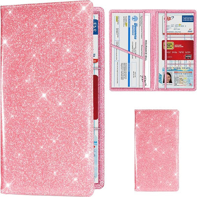 TOURSUIT Car Registration and Insurance Card Holder, Vehicle License Document Glove Box Compartment Organizer, Interior Car Accessories for Women Men (Glitter Pink)
