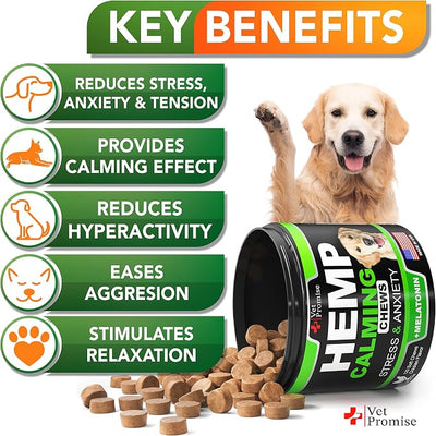 Hemp Calming Chews for Dogs with Anxiety and Stress - Dog Calming Treats - Anxiety Relief - Separation - Travel - Barking - Melatonin - Hemp Oil - 120 Soft Treats - Made in USA
