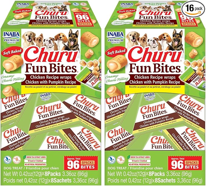 INABA Churu Fun Bites for Dogs, Soft & Chewy Baked Chicken Wrapped Filled Dog Treats with Vitamin E, 0.42 Ounces per Tetra, 8 Tetras per Box, Chicken with Pumpkin Recipe (Pack of 2)