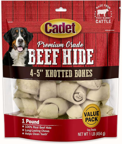 Cadet Premium Grade Beef Hide Dog Chews, 4" - 5" Long-Lasting Knotted Rawhide Bones, Single-Ingredient, Natural Flavor, 1 Pound