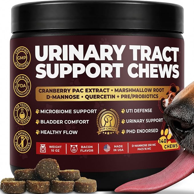 Dog Urinary Tract Supplement – Cranberry & D-Mannose | PAC-standardized cranberry; D-mannose; marshmallow root, quercetin & probiotics; bacon flavor; 140 soft chews; Made in USA