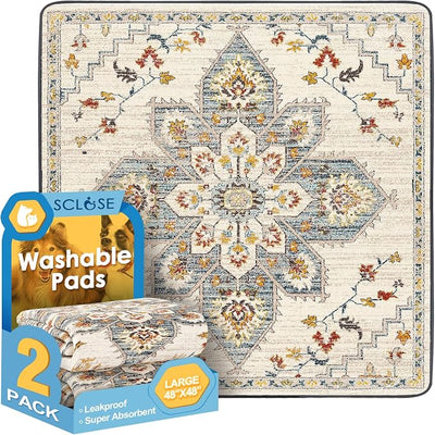 SCLOSE Washable Pee Pads for Dogs Large 2 Pack, 48" x 48" Reusable Puppy Pads Waterproof Dog Rugs, Super Absorbent, Leakproof, Dog Crate Pad, Playpen Mat, Whelping Pads, White Medallion