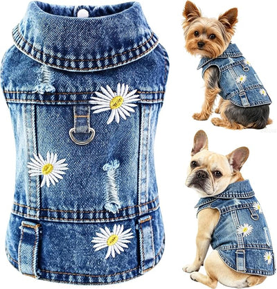 Denim Vest Jacket for Small Medium Dog Clothes Jean Apparel Cute Outfit for Dog Cat Girls Boys Puppy Costume Dog Harness Dress Shirt Chihuahua Yorkie (Many Daisy with D Ring, XX-Large)