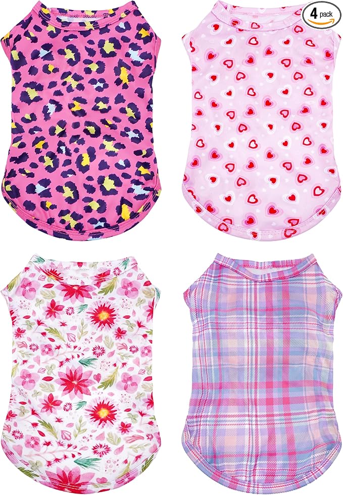 PET SHOW 4 Pack Paw Bone Printed Dog Clothes Shirts Soft Vest Lightweight Sleeveless Cats Doggies T-Shirts Puppies Tank Top Tee for Small Medium Dogs White Black Pink Blue (Medium, Pink for Girls)