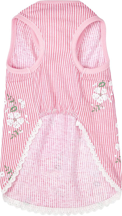 Blueberry Pet Wonderland Floral Sleeveless Dog Dress in Pink Stripe with Peter Pan Collar, Back Length 12", Pack of 1 Clothes for Dogs