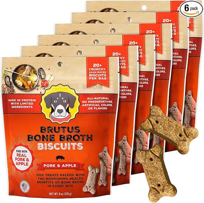 BRUTUS BONE BROTH Biscuits for Dogs - Protein-Rich Dog Treats with Bone Broth and Real Pork & Apple - All Natural and Tasty - 8oz, Pack of 6, Pork and Apple Flavor