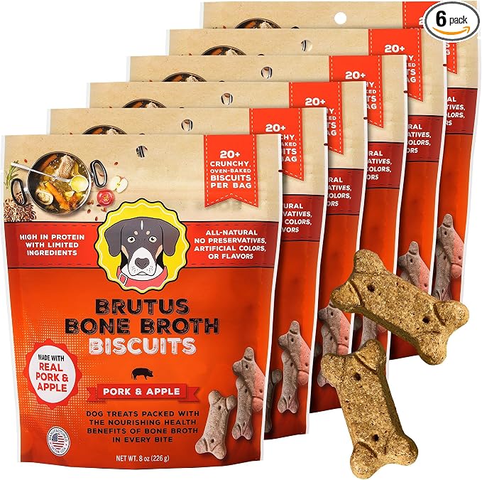 BRUTUS BONE BROTH Biscuits for Dogs - Protein-Rich Dog Treats with Bone Broth and Real Pork & Apple - All Natural and Tasty - 8oz, Pack of 6, Pork and Apple Flavor