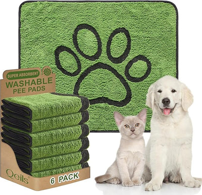 Qeils Reusable Dog Pee Pads, 6 Pack Super Absorbent & Leakproof Washable Puppy Pads with Soft Green Top Layer, for Potty Training, Crates, Couch, Car Seats & Pet Beds, 30"x 34"