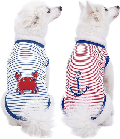 Blueberry Pet Soft & Comfy Summer Vacation Beach Cotton Dog T-Shirts, 2 Pack, Sunshine Sea Lover Striped Shirts Tank Top Clothes, Back Length 12", for Small Medium Dogs
