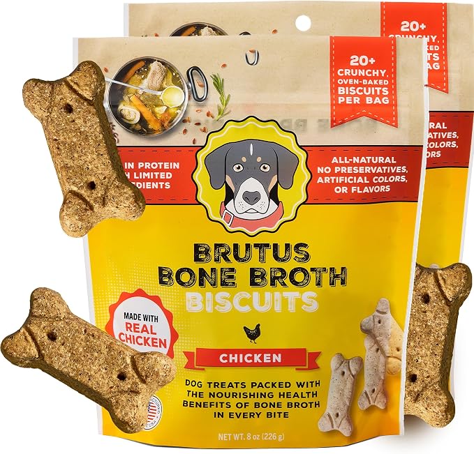 Brutus Bone Broth Biscuits for Dogs - Protein-Rich Dog Treats with Bone Broth and Real Chicken Meat - All Natural and Tasty - 8oz, Pack of 2, Chicken Flavor