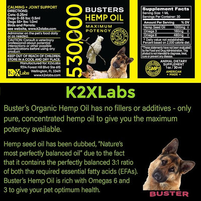 Busters Organic Hemp Oil 530,000 2pack 2month Supply for Dogs and Cats Made in USA Omega Rich 3 6 and 9 Hip & Joint Health Natural Soothing Relief