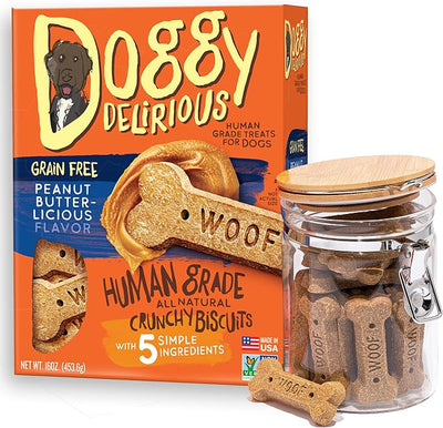Doggy Delirious Crunchy Dog Treats – All Breeds & Sizes – Natural Puppy Snack – 100% Human-Grade – Grain-Free Peanut Butter Bones – 16 Oz, 1 lb Pack (1)